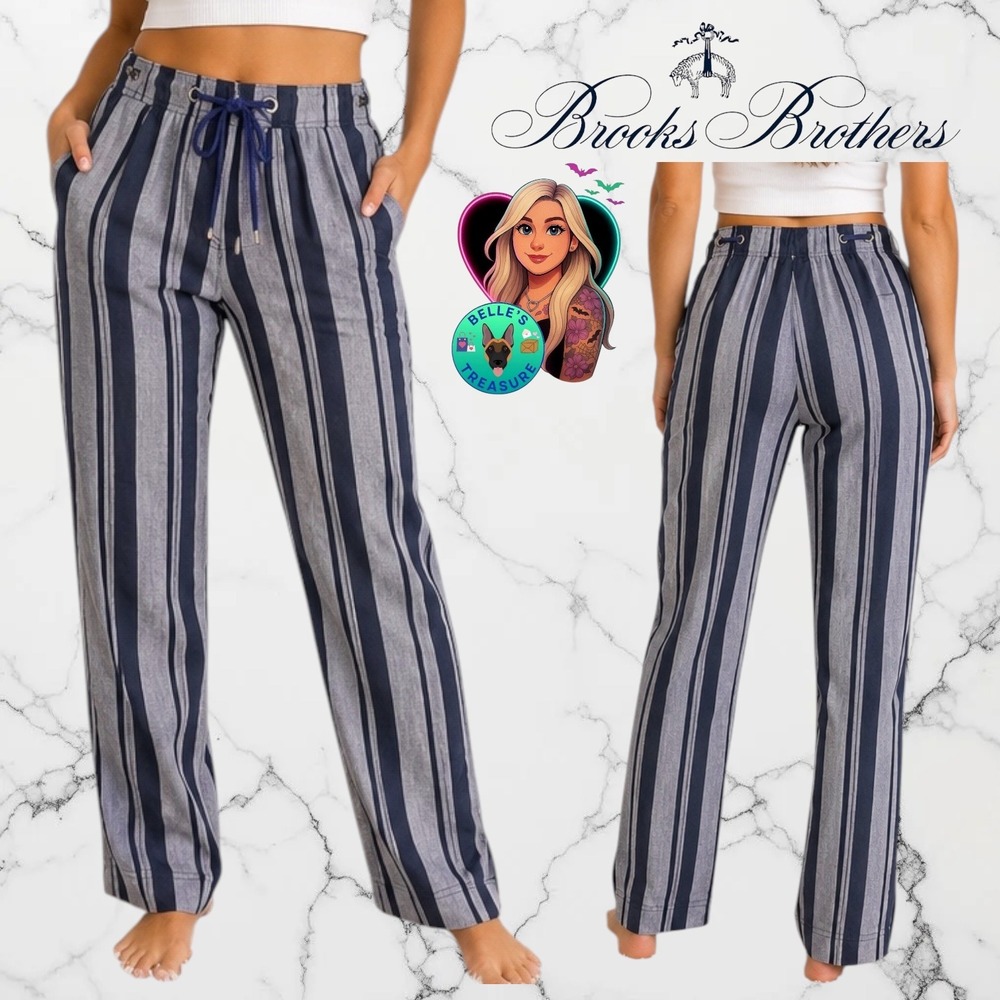 Brooks Brothers Womens 6 Linen Blend Striped Drawstring‎ Pants Blue Beach Vacay